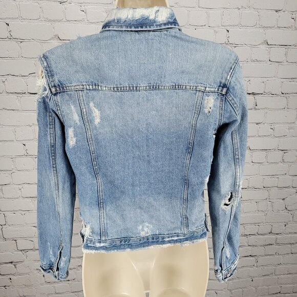 Zara Trafaluc Denimwear Blue Distressed Button Up Jean Denim Jacket Size Small S - Picture 2 of 11